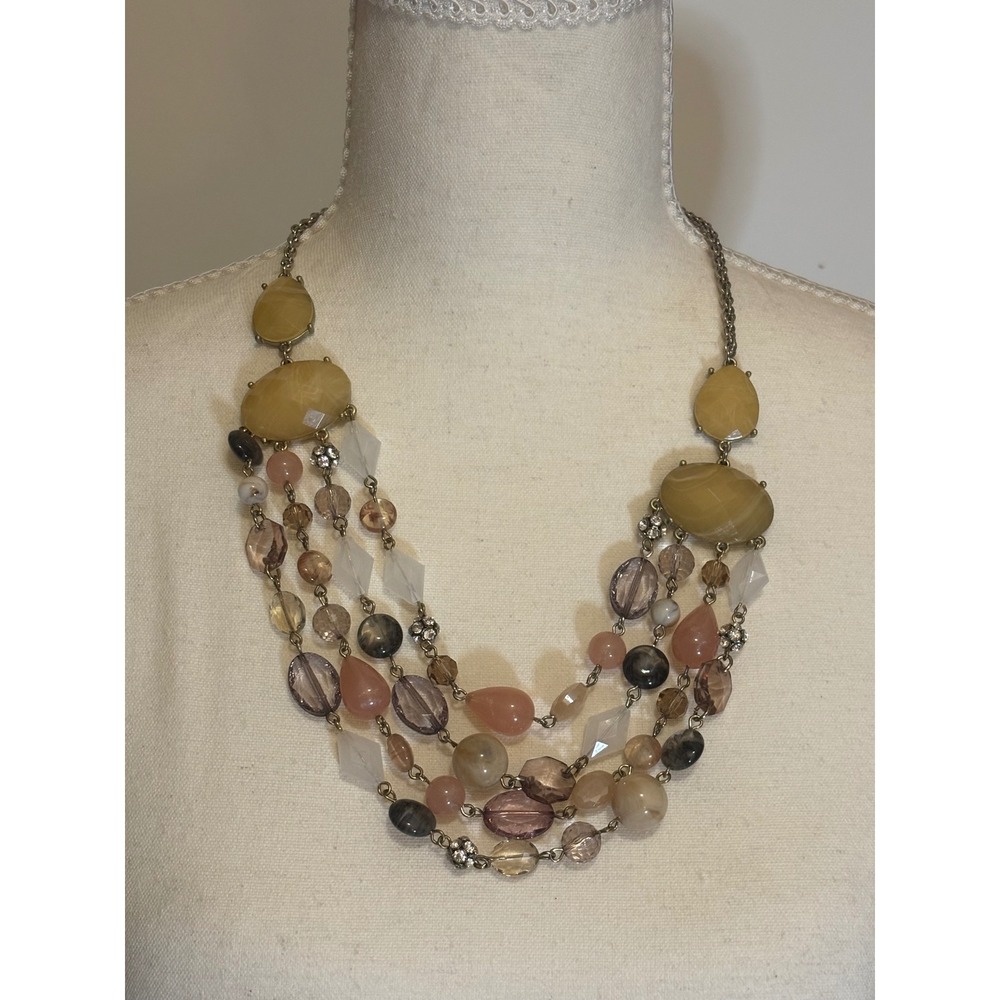 Y2K LOFT Multi Strand Statement Necklace Yellow Pink Purple Beaded Rhinestone